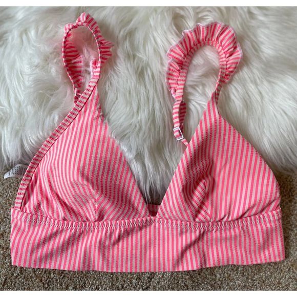 aerie Other - Aerie Women's Size Medium Bikini Top White Pink Striped Frill Straps Padded